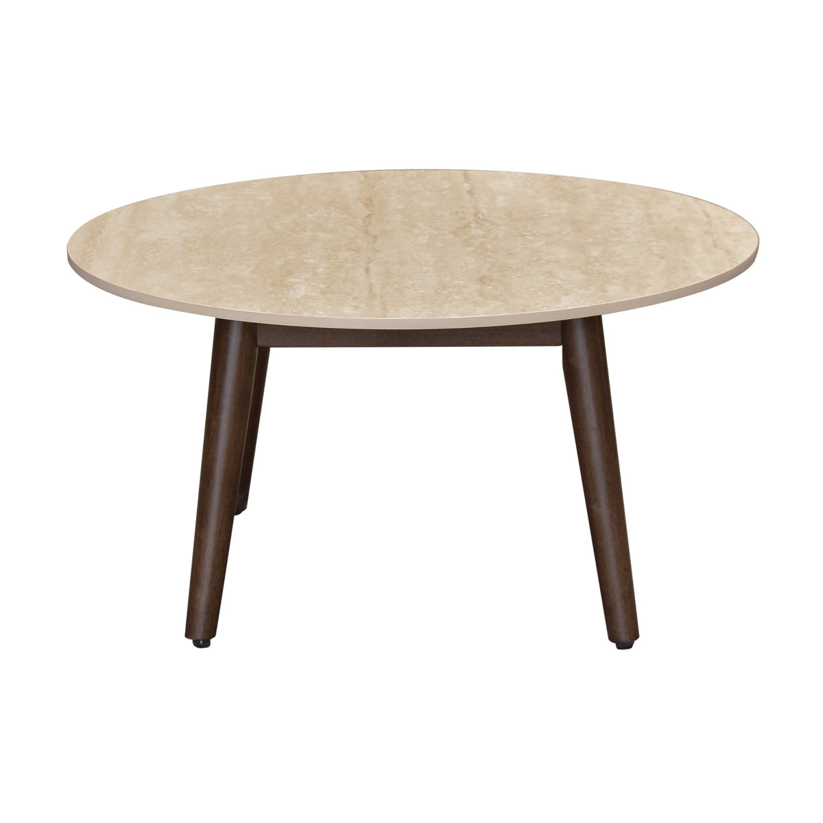 Milo 80cm Round Coffee Table Sintered Stone Travertine Top Walnut