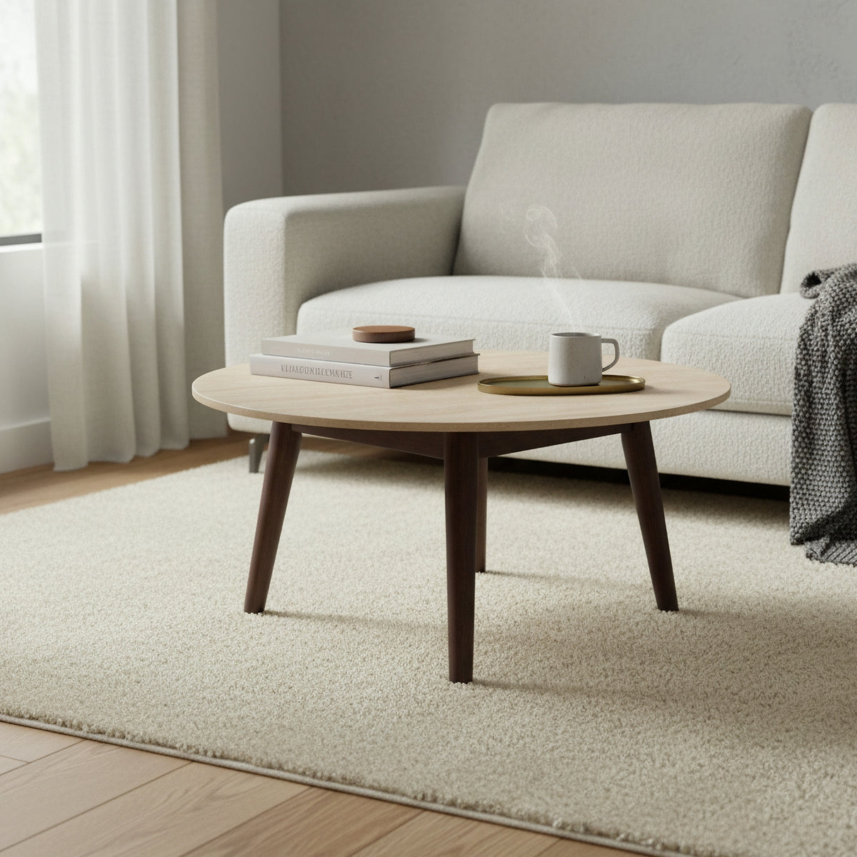 Milo 80cm Round Coffee Table Sintered Stone Travertine Top Walnut