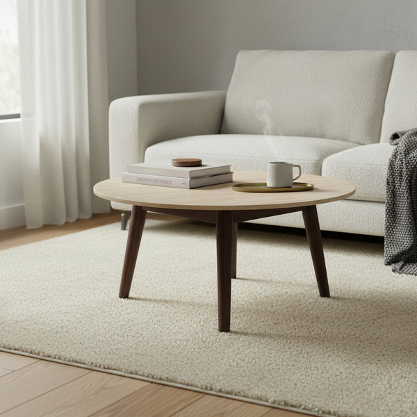 Milo 80cm Round Coffee Table Sintered Stone Travertine Top Walnut