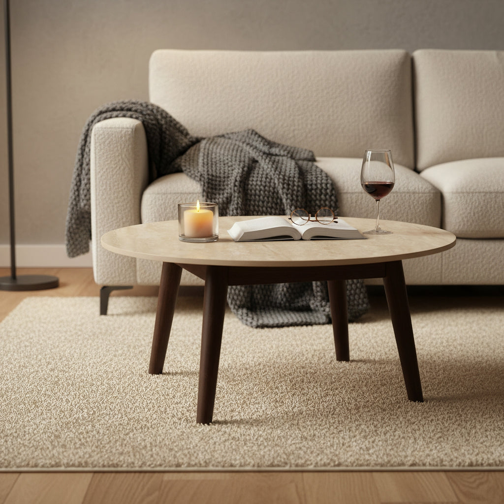 Milo 80cm Round Coffee Table Sintered Stone Travertine Top Walnut