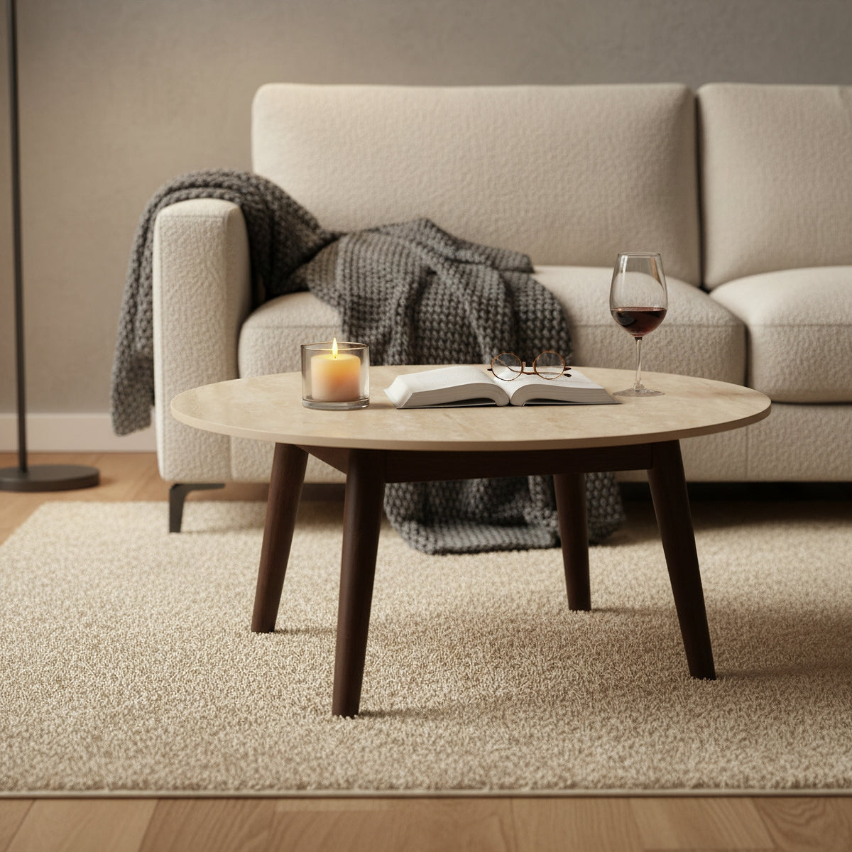 Milo 80cm Round Coffee Table Sintered Stone Travertine Top Walnut