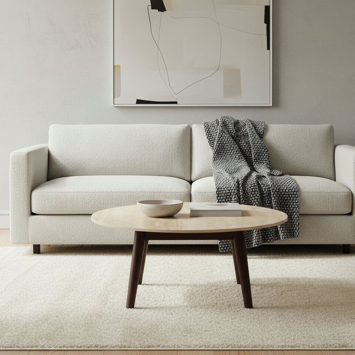 Milo 80cm Round Coffee Table Sintered Stone Travertine Top Walnut