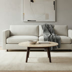 Milo 80cm Round Coffee Table Sintered Stone Travertine Top Walnut