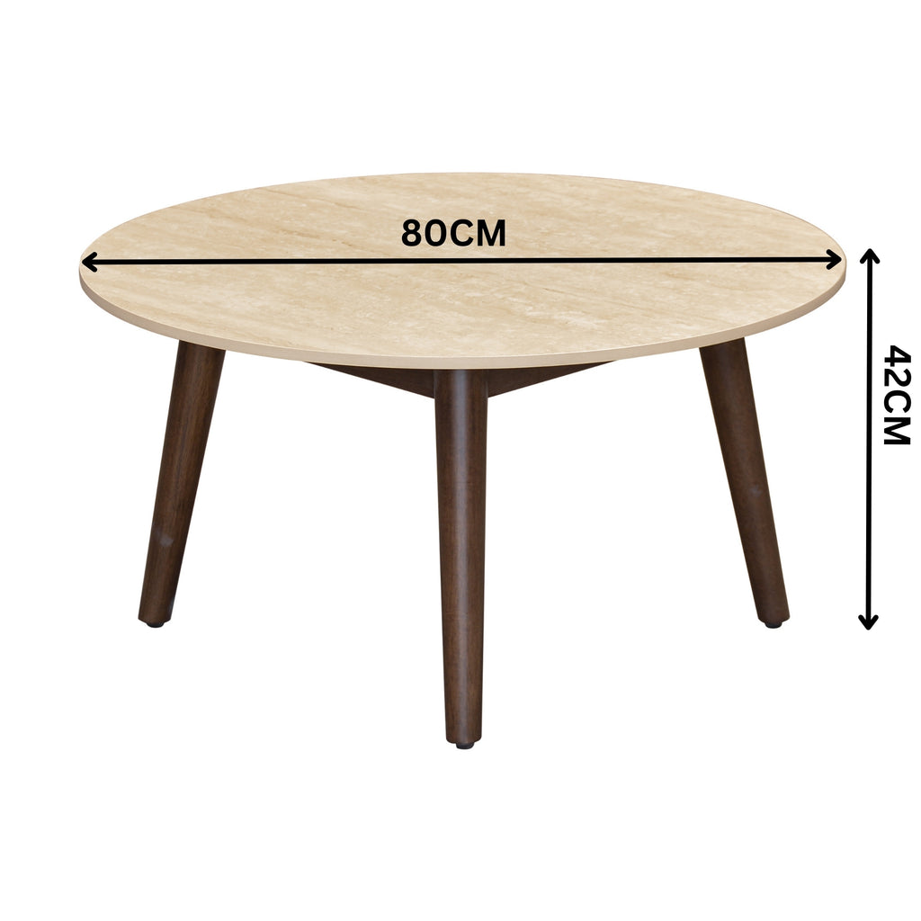 Milo 80cm Round Coffee Table Sintered Stone Travertine Top Walnut
