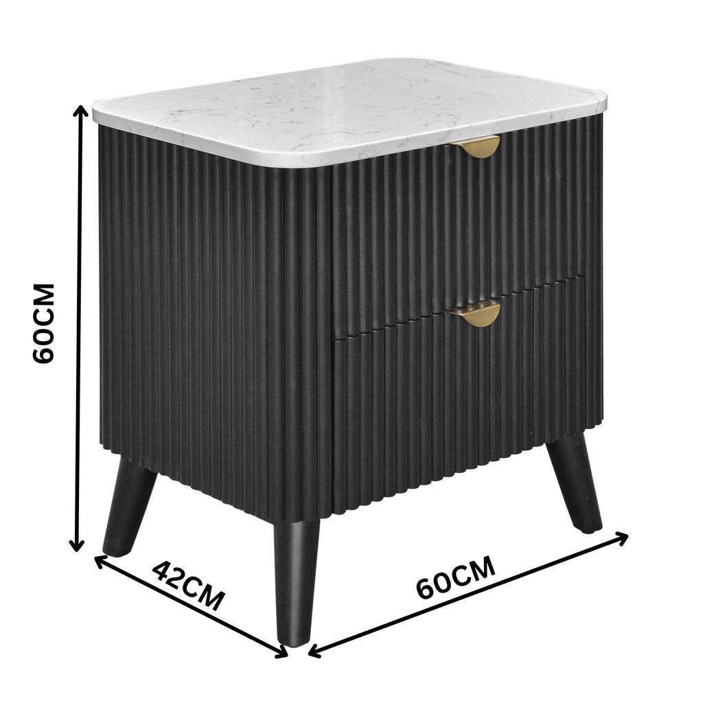 Milo Bedside Table 2 Drawer Sintered Stone Travertine Top Black
