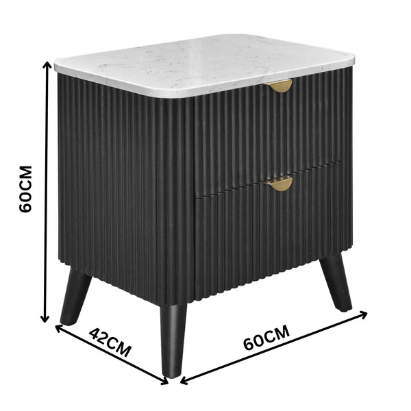 Milo Bedside Table 2 Drawer Sintered Stone Travertine Top Black