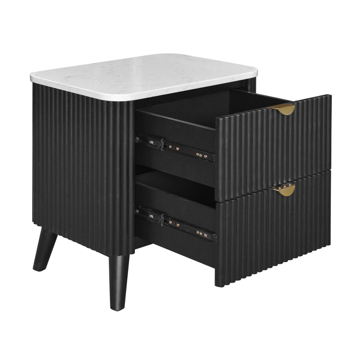 Milo Bedside Table 2 Drawer Sintered Stone Travertine Top Black