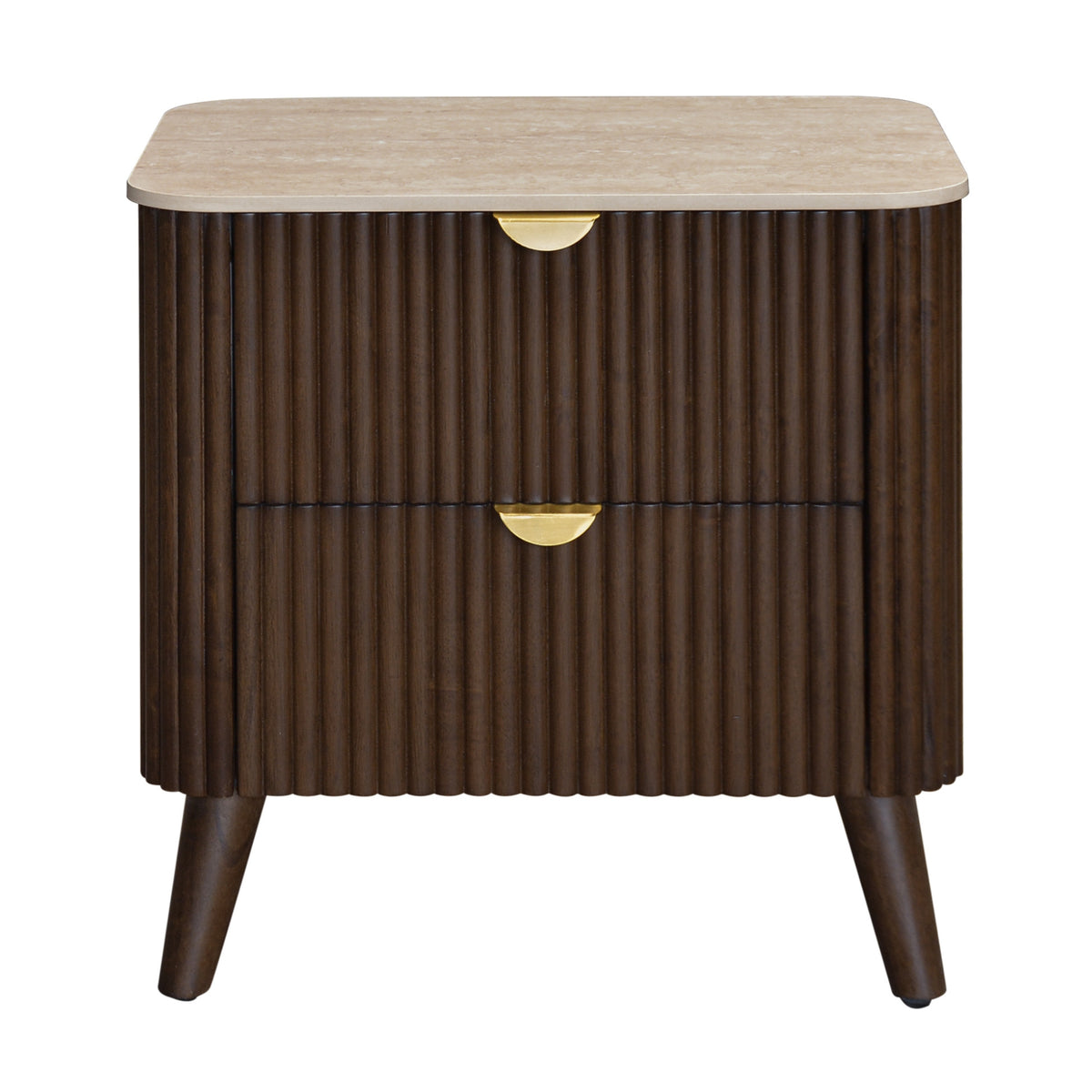 Milo Bedside Table 2 Drawer Sintered Stone Travertine Top Walnut