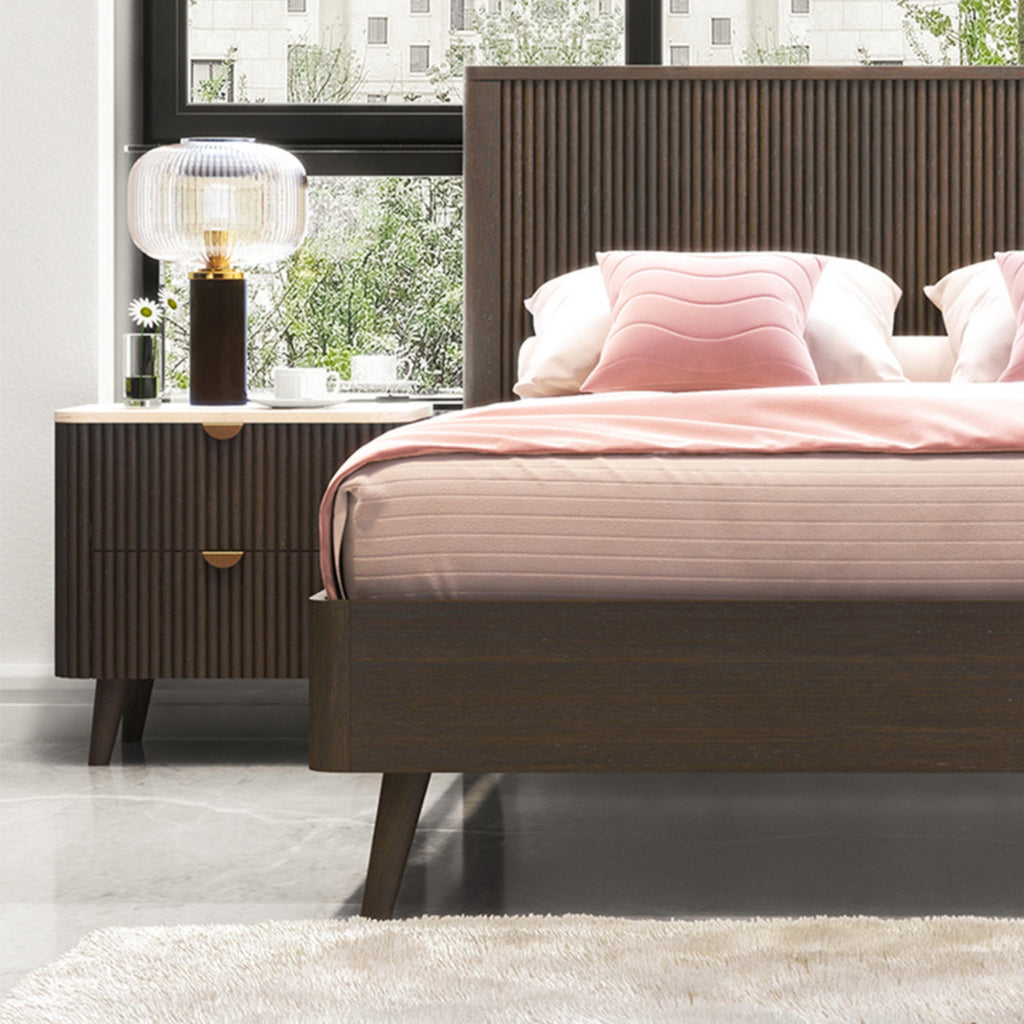 Milo Bedside Table 2 Drawer Sintered Stone Travertine Top Walnut