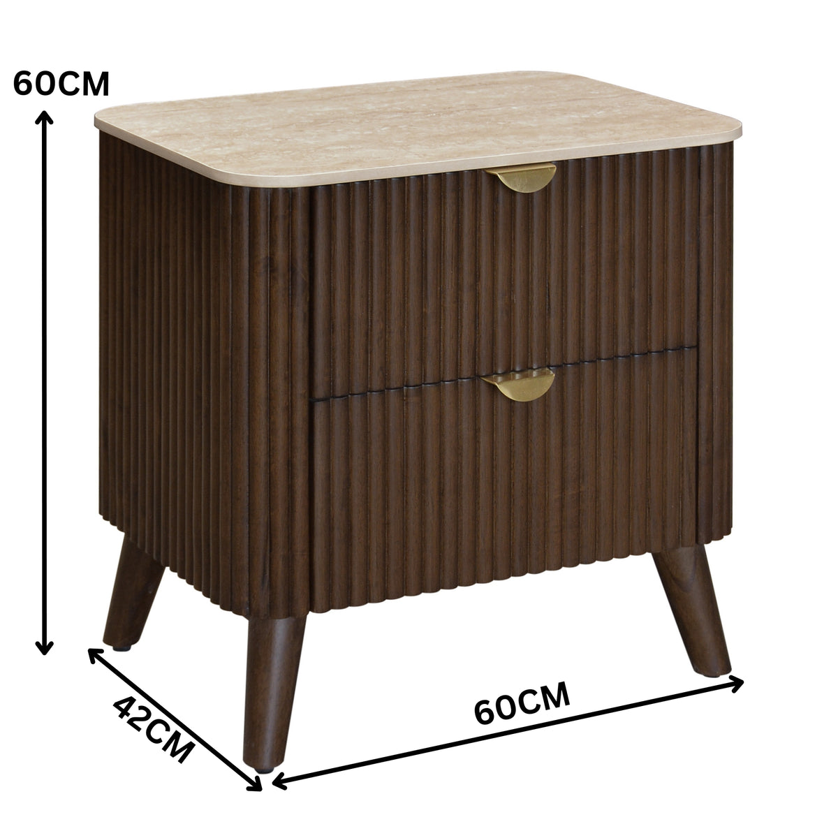 Milo Bedside Table 2 Drawer Sintered Stone Travertine Top Walnut