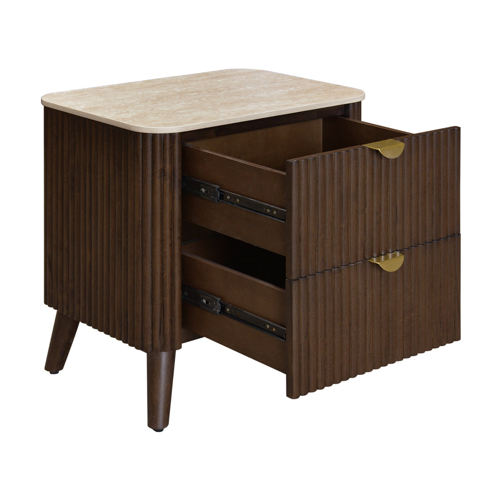 Milo Bedside Table 2 Drawer Sintered Stone Travertine Top Walnut