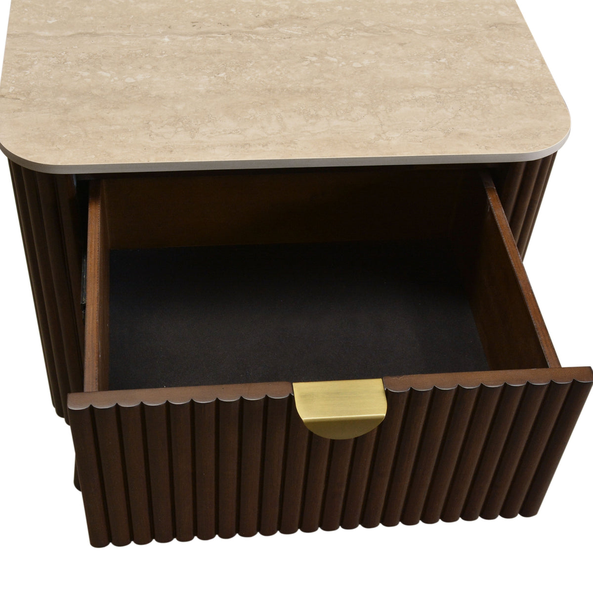 Milo Bedside Table 2 Drawer Sintered Stone Travertine Top Walnut