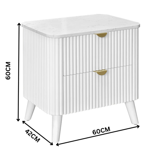 Milo Bedside Table 2 Drawer Sintered Stone Travertine Top White