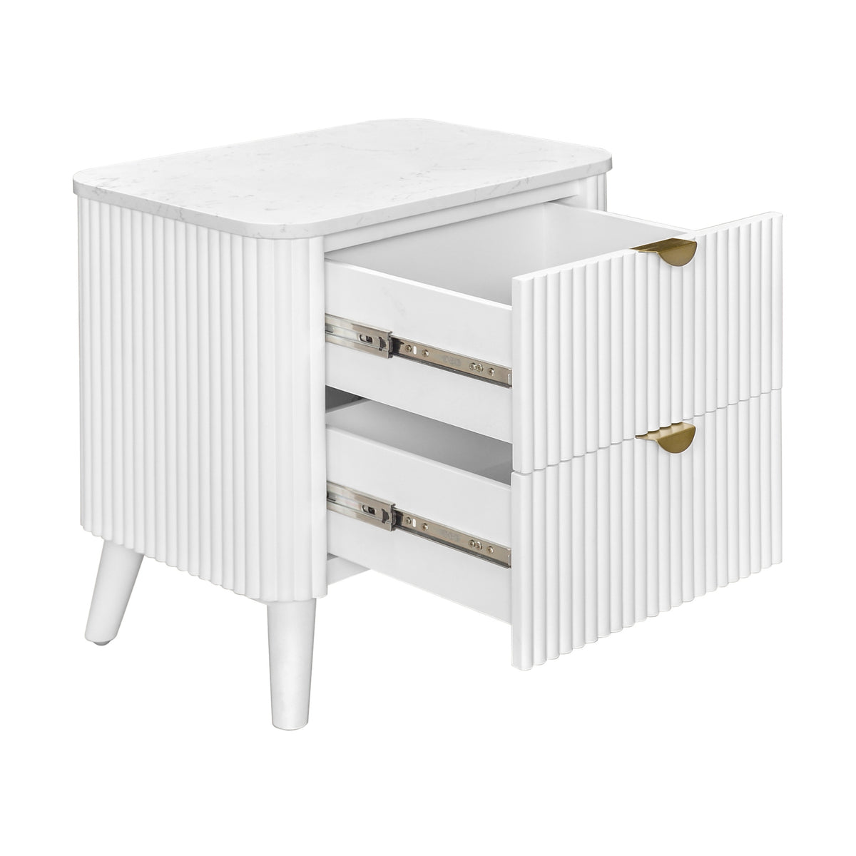Milo Bedside Table 2 Drawer Sintered Stone Travertine Top White