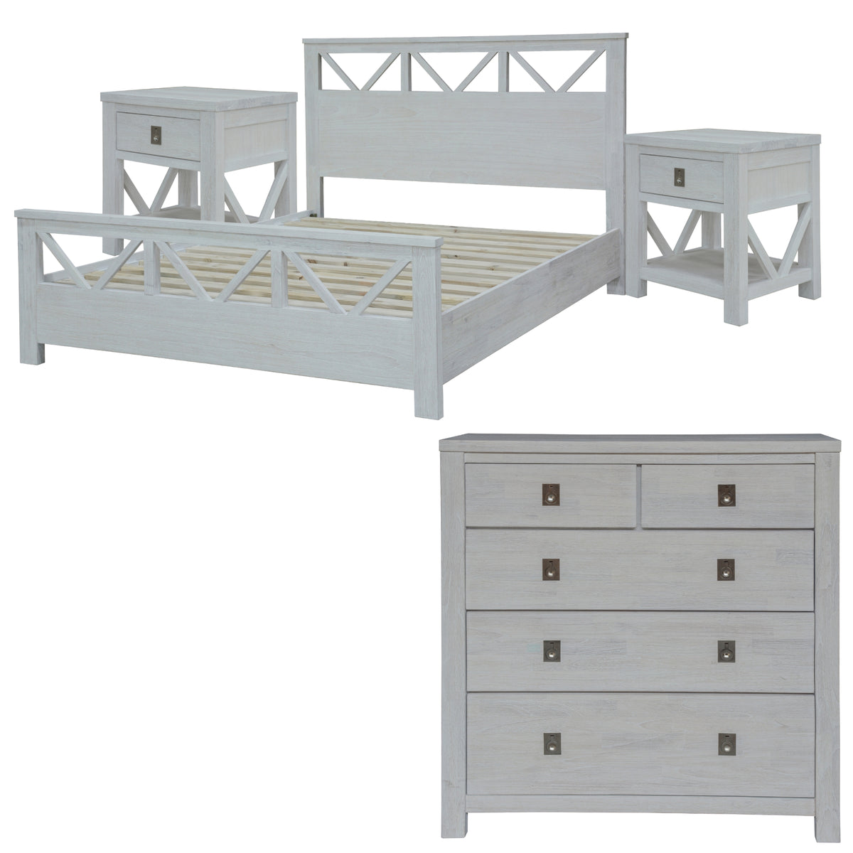 Myer 4pc Bed Frame Suite Bedside Tallboy Package White Wash King 