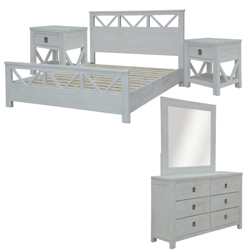 Myer 5pc Bed Frame Suite Bedside Dresser Package White Wash King 