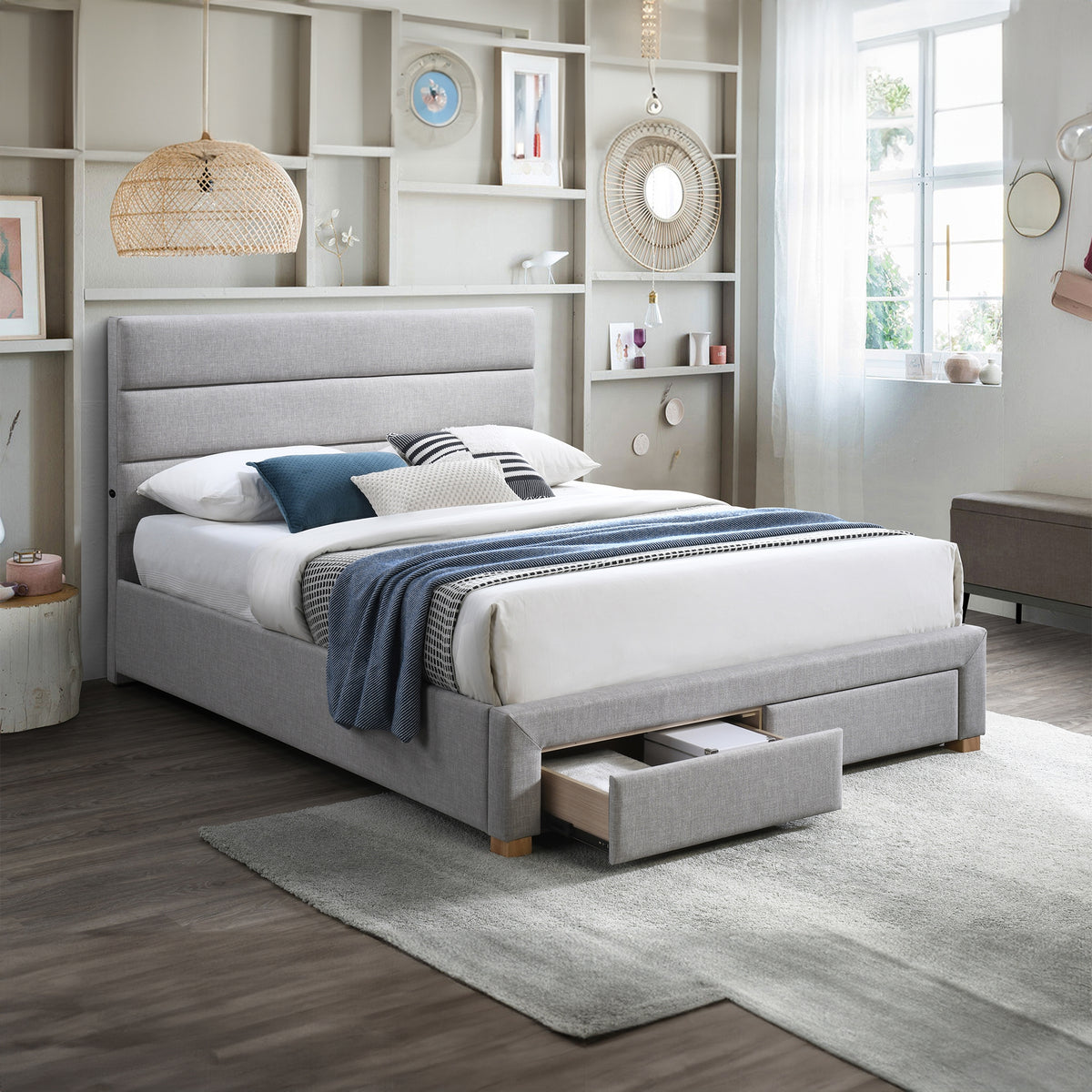 Neon Queen Bed Frame 2 Drawer USB Port Light Grey