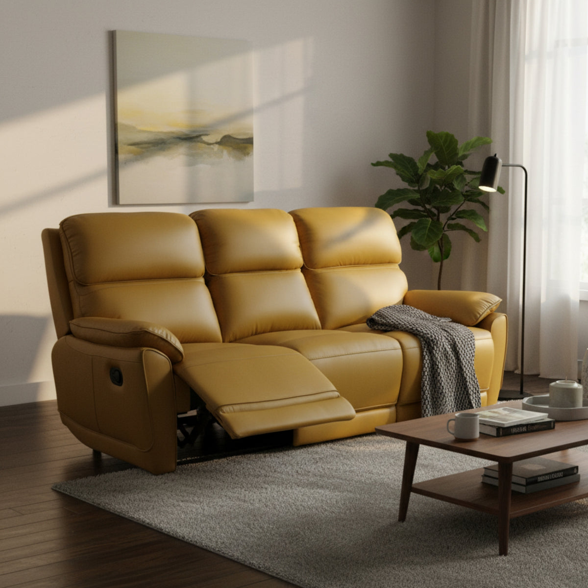 New York 3 Seater Manual Recliner Genuine Leather Mustard Orange
