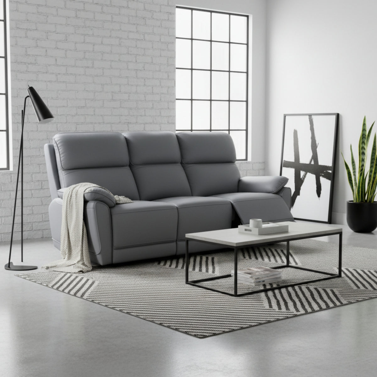 New York 3 Seater Manual Recliner Genuine Leather Stone Grey