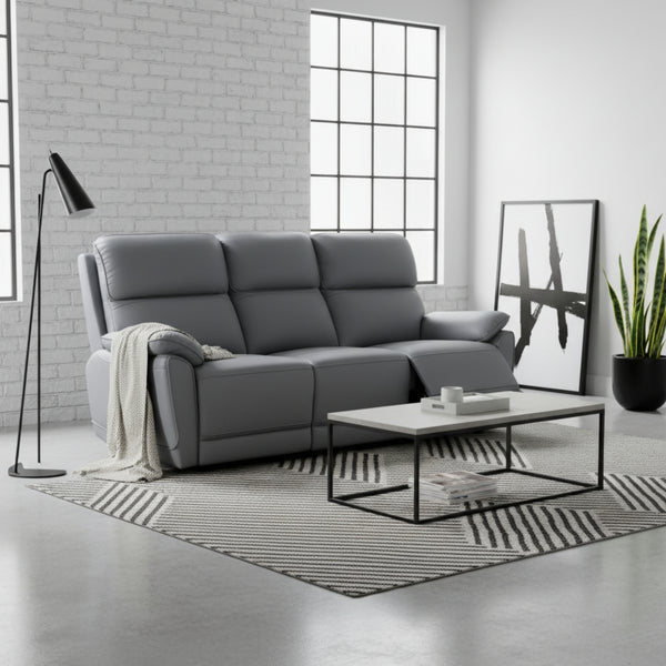 New York 3 Seater Manual Recliner Genuine Leather Stone Grey