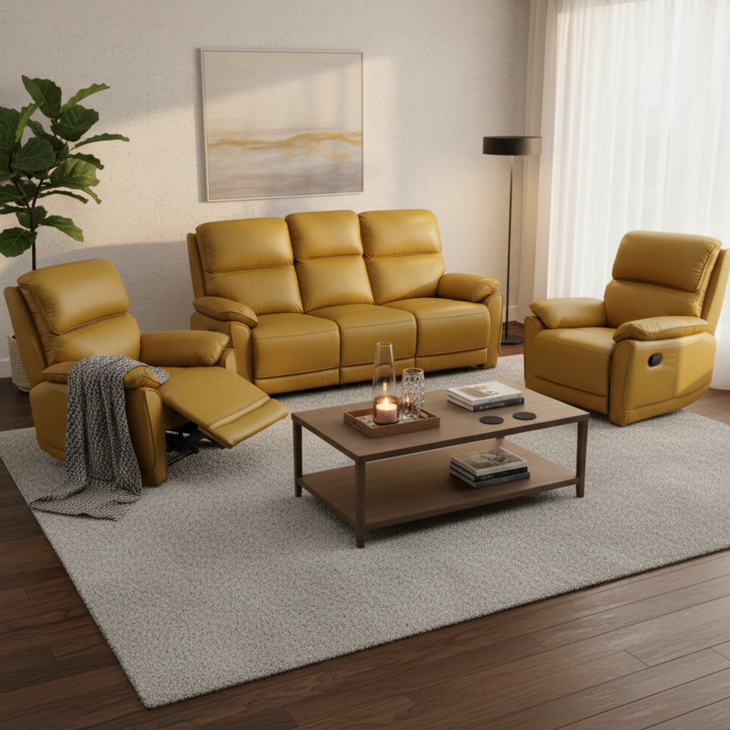 New York 3+1+1 Seater Manual Recliner Genuine Leather Mustard Orange