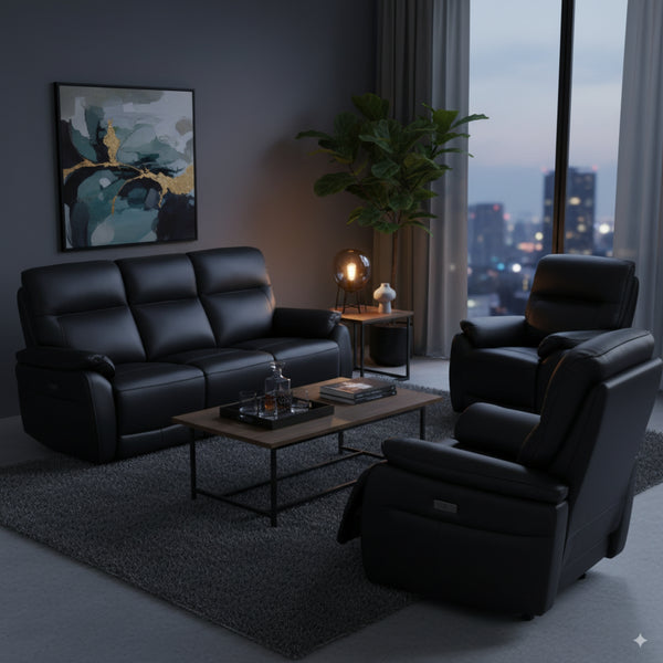 North Star 1+1+3 Seater Electric Power Genuine Leather Recliner Sofa Lounge Black