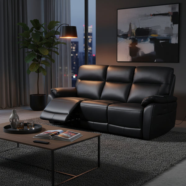North Star 3 Seater Electric Power Genuine Leather Recliner Sofa Lounge Black
