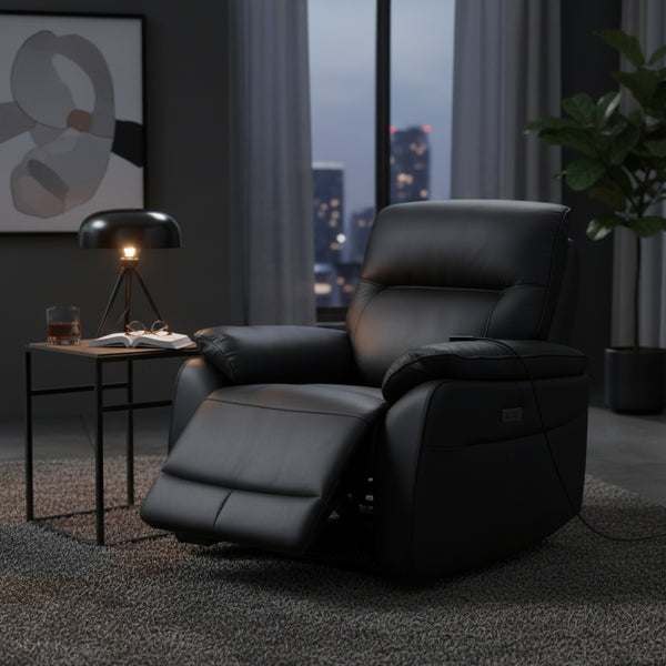 North Star Single Seater Electric Power Genuine Leather Recliner Sofa Lounge Black