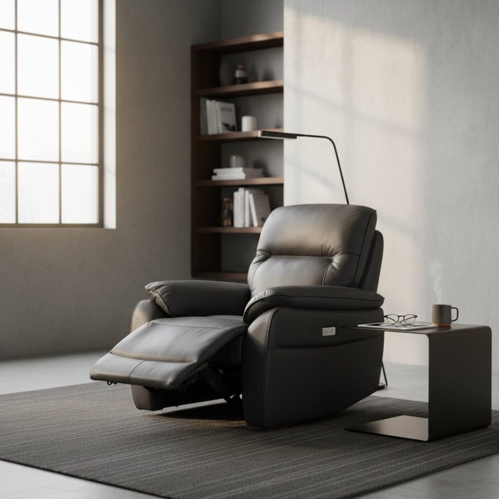 North Star Single Seater Electric Power Genuine Leather Recliner Sofa Lounge Graphite Grey