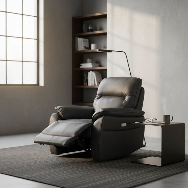 North Star Single Seater Electric Power Genuine Leather Recliner Sofa Lounge Graphite Grey
