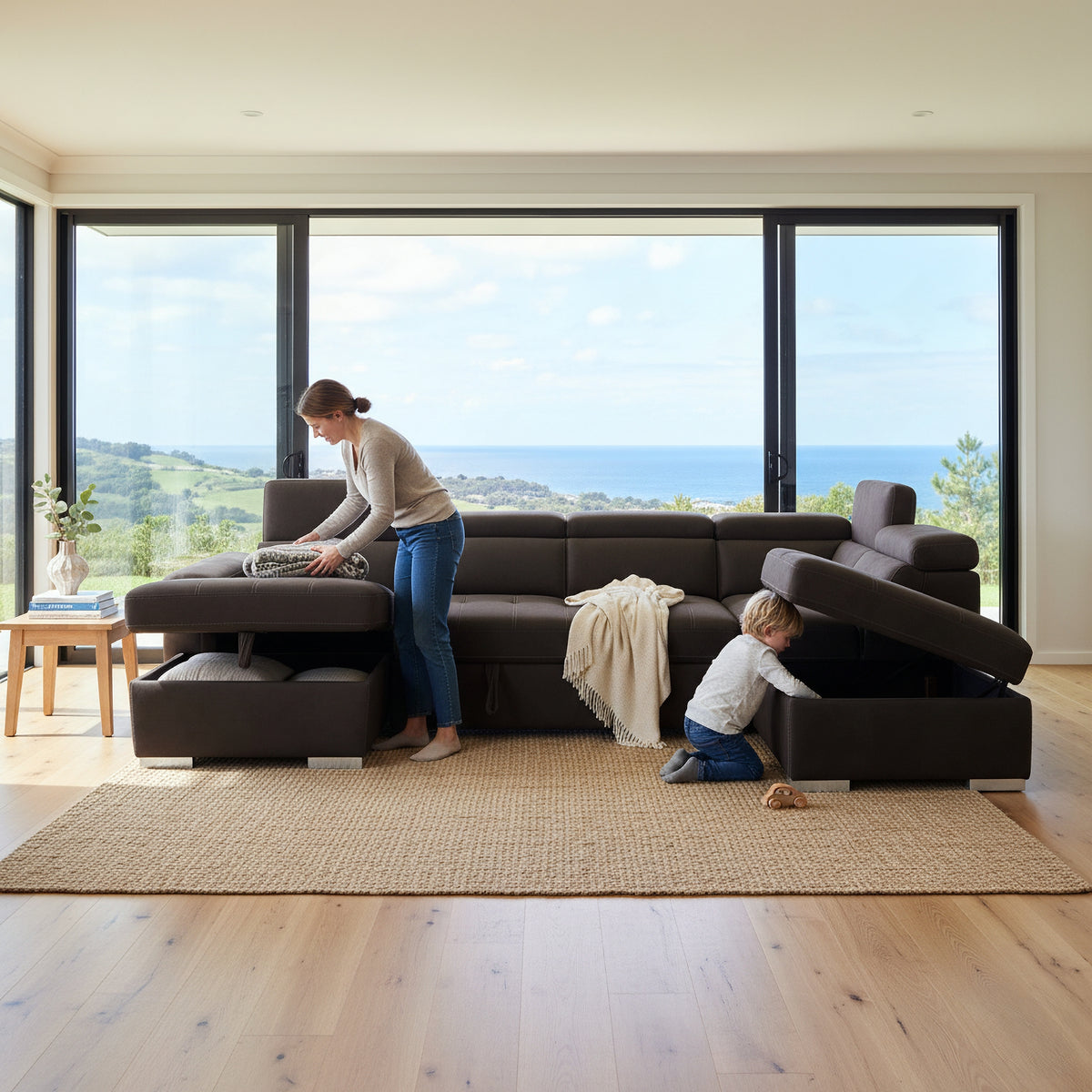 Oasis 4 Seater Fabric Corner Modular Sofa Bed Storage RHF Chaise Ottoman Charcoal