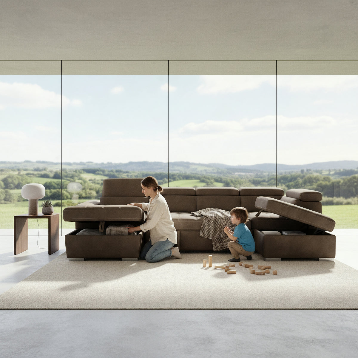 Oasis 4 Seater Fabric Corner Modular Sofa Bed Storage RHF Chaise Ottoman Mushroom Brown