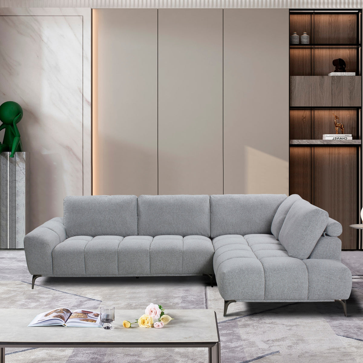 Odessa 3 Seater Corner Sofa Fabric Lounge RHF Chaise Slate Grey