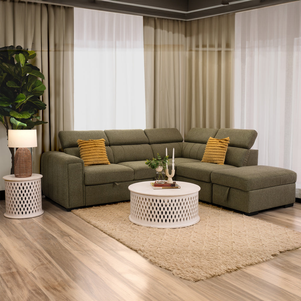 Olia 2 Seater Fabric Modular Corner Pull Out Sofa Bed Storage Ottoman Green