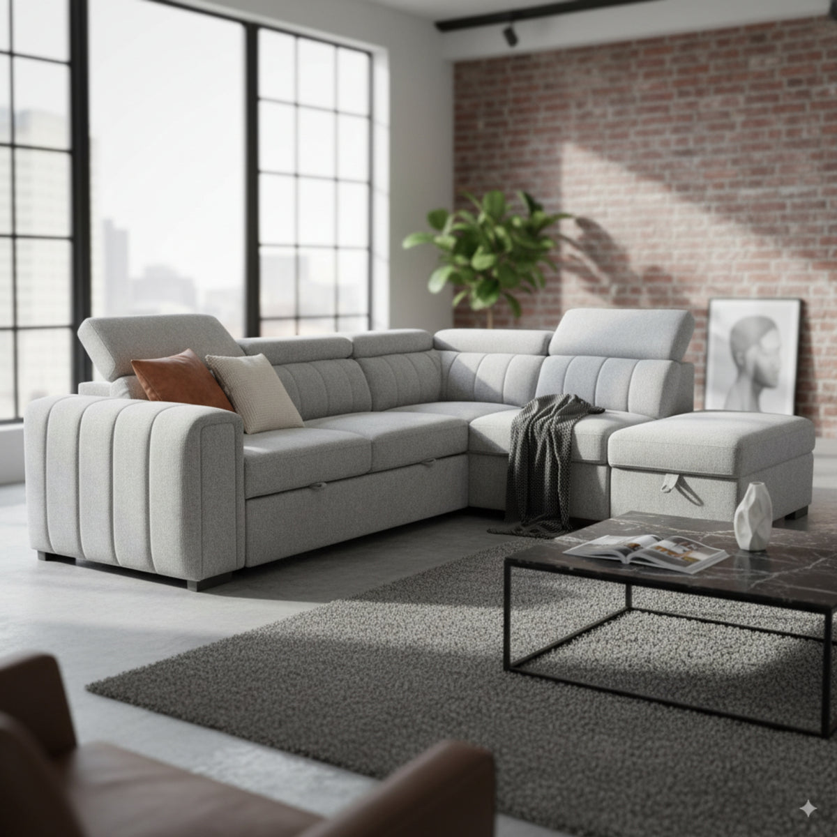 Olia 2 Seater Fabric Modular Corner Pull Out Sofa Bed Storage Ottoman Grey