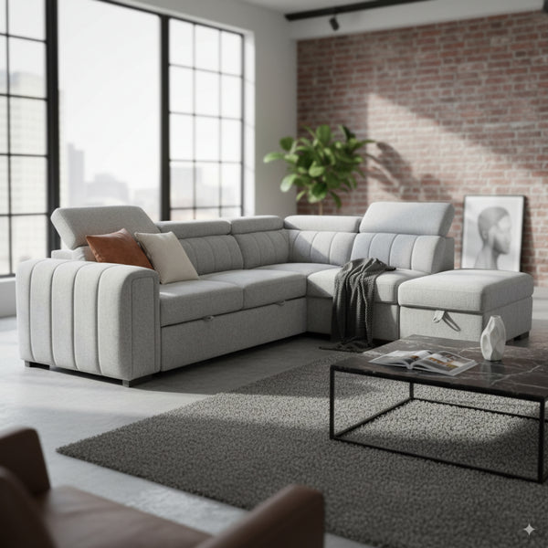 Olia 2 Seater Fabric Modular Corner Pull Out Sofa Bed Storage Ottoman Grey
