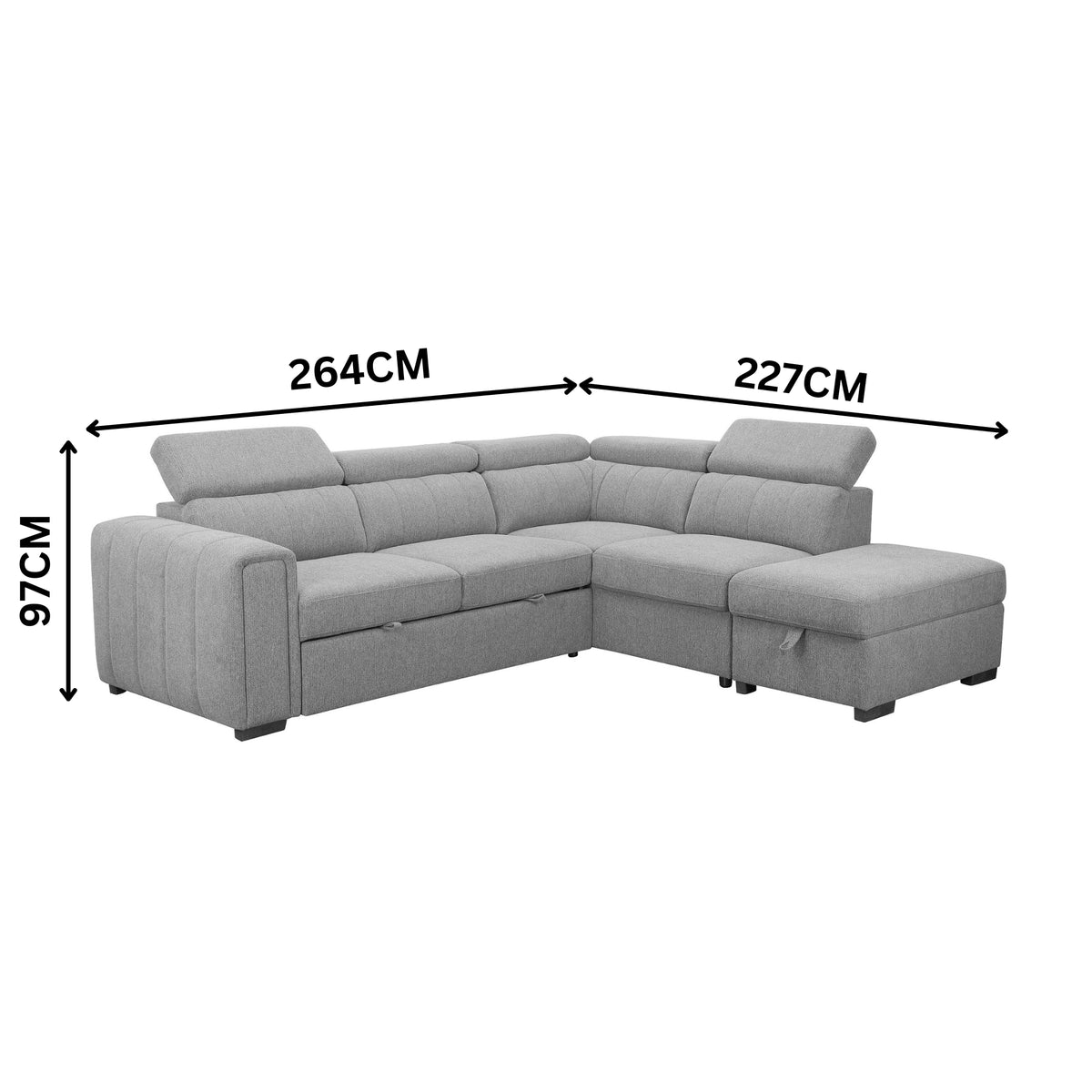 Olia 2 Seater Fabric Modular Corner Pull Out Sofa Bed Storage Ottoman Grey