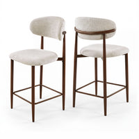 Ormond 2pc Set Bar Chair Barstool Fabric Seat Beige Walnut, pair of stools on a white background