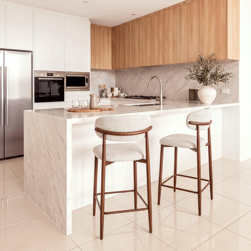 Ormond 2pc Set Bar Chair Barstool Fabric Seat Beige Walnut, at a marble kitchen island