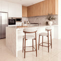 Ormond 2pc Set Bar Chair Barstool Fabric Seat Beige Walnut, at a marble kitchen island
