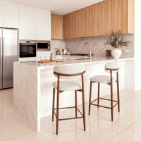 Ormond 2pc Set Bar Chair Barstool Fabric Seat Beige Walnut, at a marble kitchen island