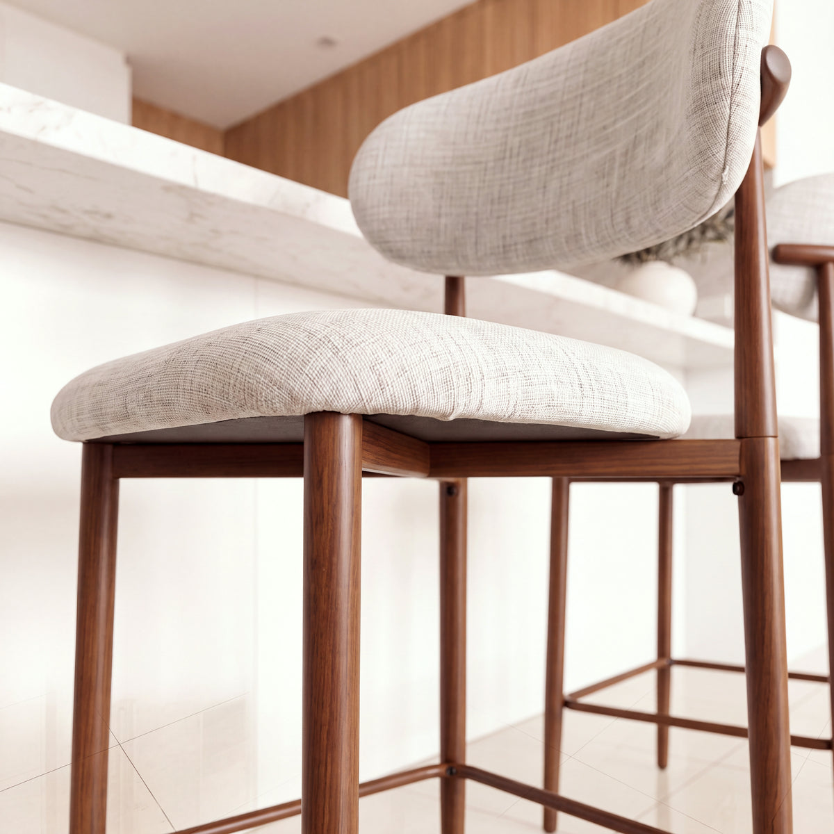 Ormond 2pc Set Bar Chair Barstool Fabric Seat Beige Walnut, close-up of the seat and backrest