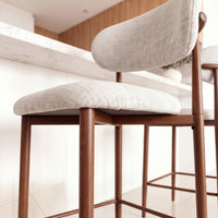 Ormond 2pc Set Bar Chair Barstool Fabric Seat Beige Walnut, close-up of the seat and backrest