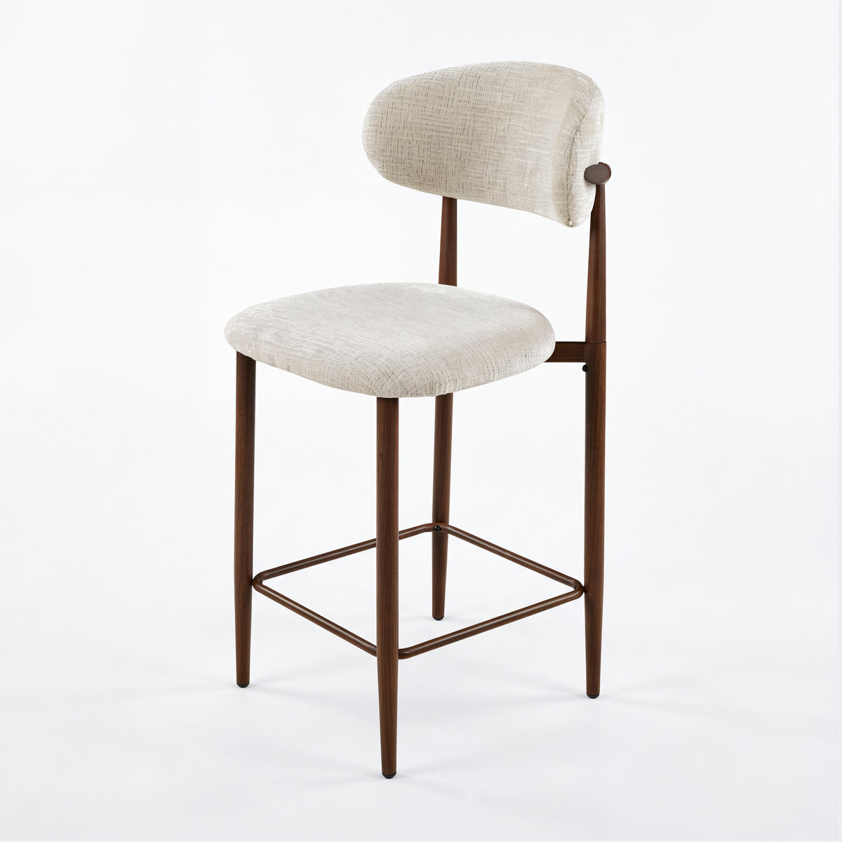 Ormond 2pc Set Bar Chair Barstool Fabric Seat Beige Walnut, single stool, front three-quarter view on a white background