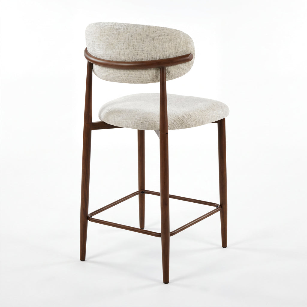 Ormond 2pc Set Bar Chair Barstool Fabric Seat Beige Walnut, single stool, rear three-quarter view on a white background