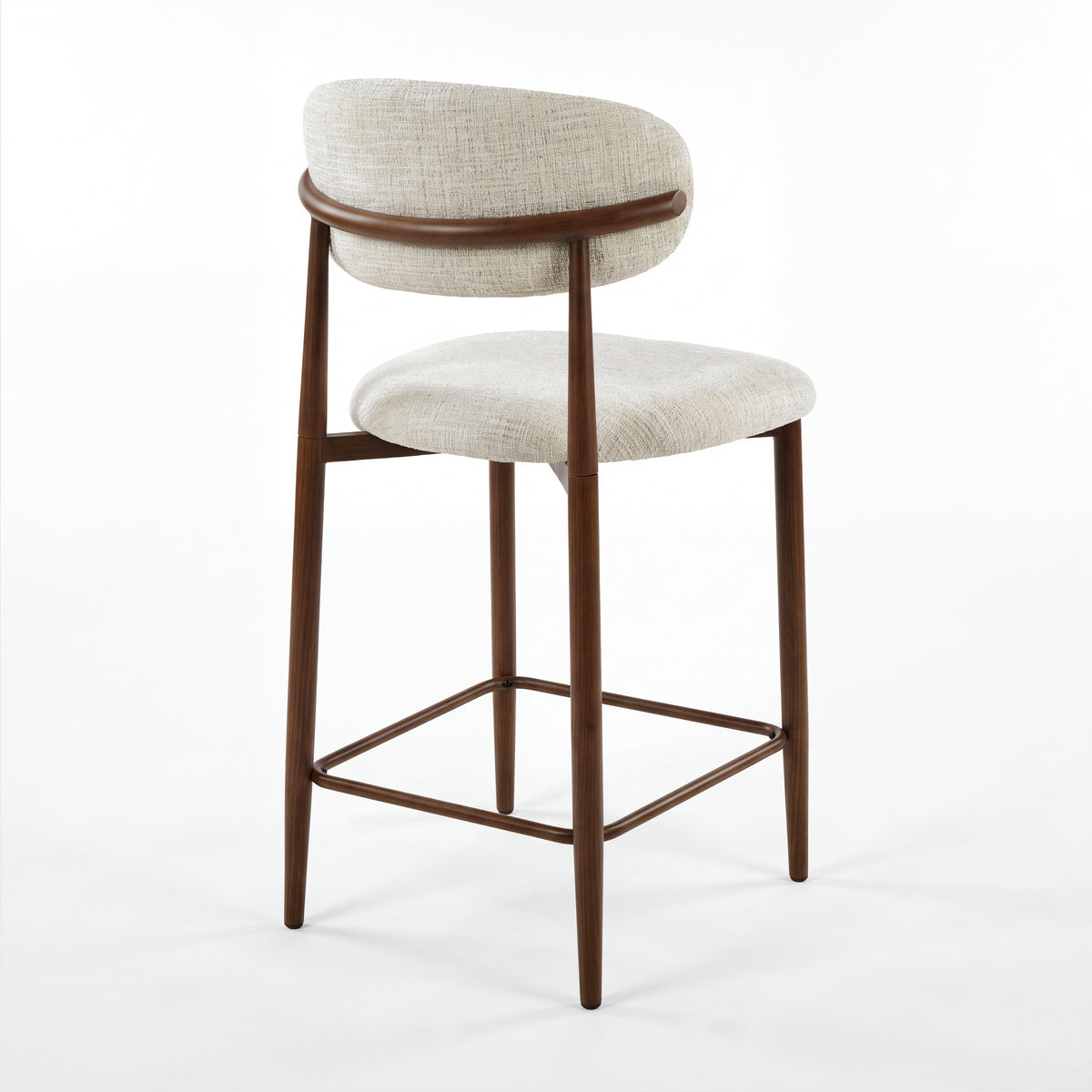 Ormond 2pc Set Bar Chair Barstool Fabric Seat Beige Walnut, single stool, rear three-quarter view on a white background