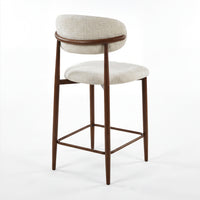 Ormond 2pc Set Bar Chair Barstool Fabric Seat Beige Walnut, single stool, rear three-quarter view on a white background
