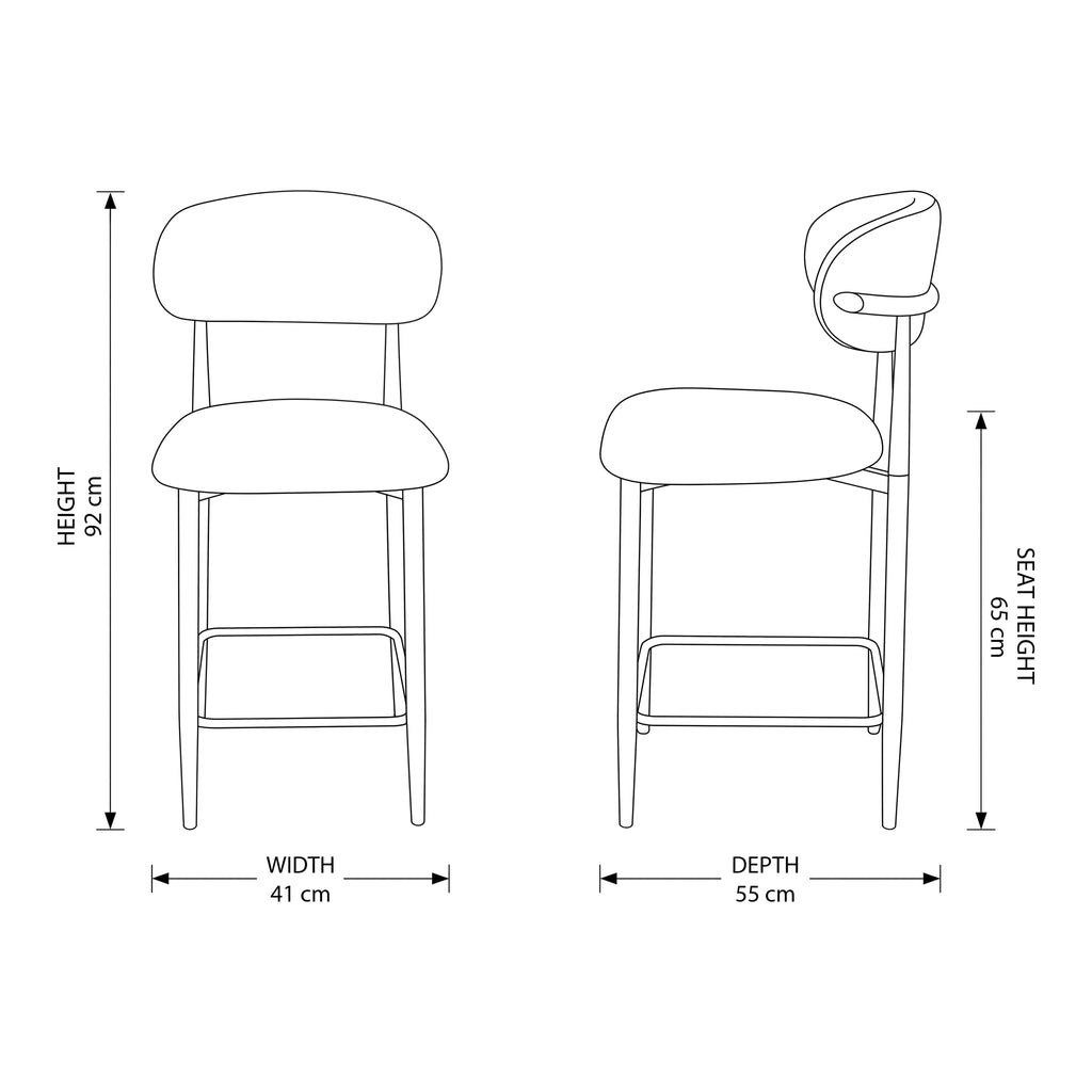 Ormond 2pc Set Bar Chair Barstool Fabric Seat Beige Walnut — dimensions diagram, W41 x D55 x H92 cm, seat height 65 cm