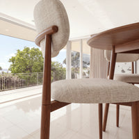 Ormond 4pc Set Dining Chair Fabric Seat Beige Walnut, close-up of the curved backrest and walnut-look frame