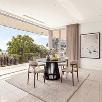 Ormond 4pc Set Dining Chair Fabric Seat Beige Walnut, in a dining room with balcony views, wide view